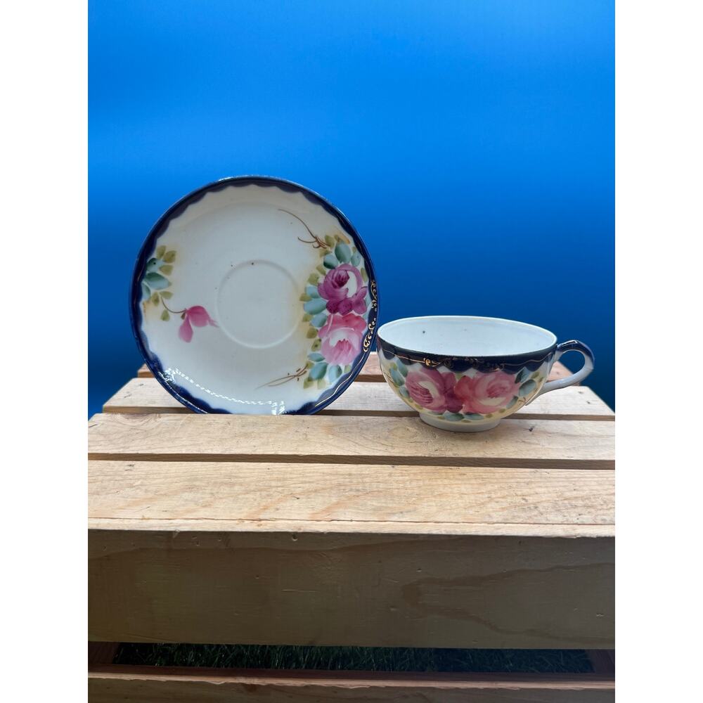 Vintage Hand Painted Japan Porcelain Teacup andSaucer Set Cobalt Blue/Pink Roses